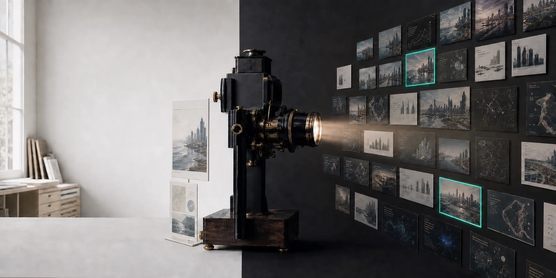 A projector joins a daylight studio to a dark wall of slide alternatives in a conceptual studio scene